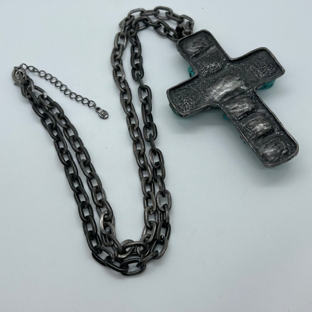Turquoise Color Stone Cross Pendant Silver Tone Necklace Southwestern Boho - Picture 11 of 16